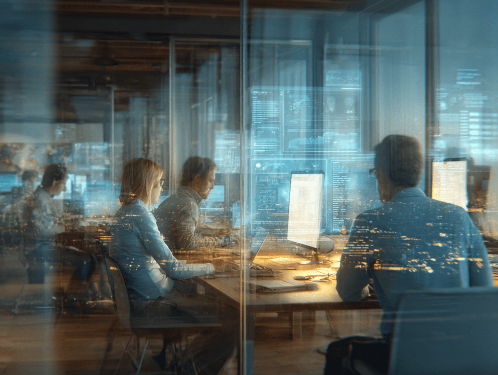 ClanDestine Modern cinematic workplace scene showing diverse 3466cf52 2718 410f 9307 d84a712ef91f 3