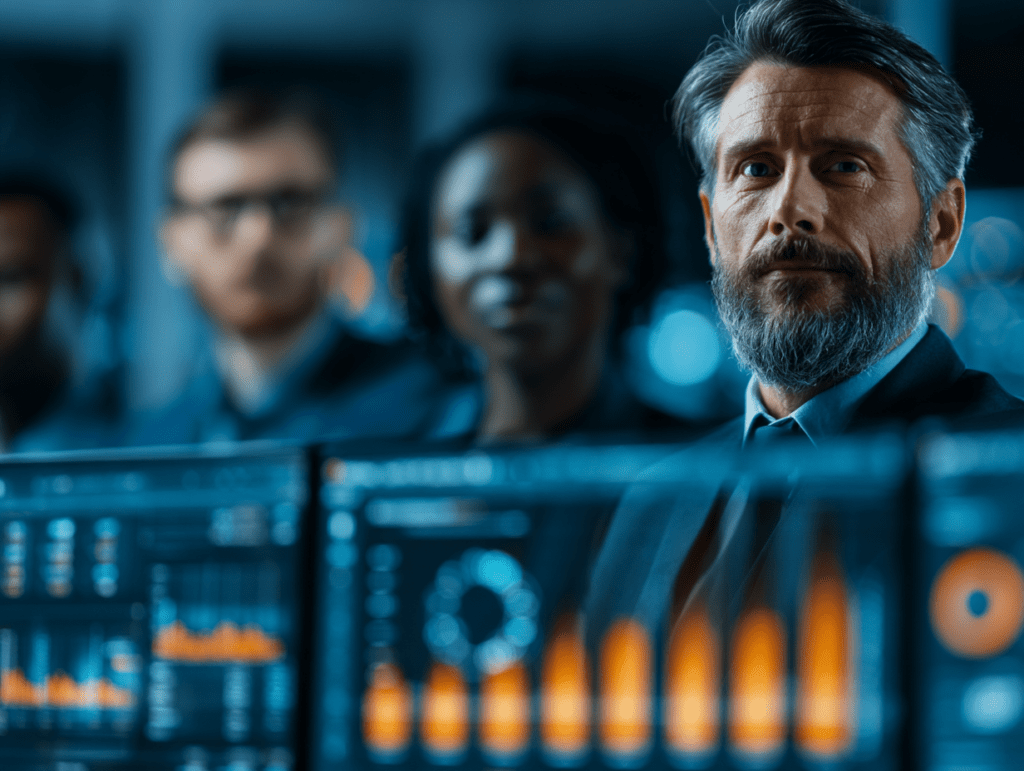 Why Real-Time Operational Visibility Matters for Growing Businesses 1 Business leaders analysing real-time operational dashboards using Microsoft Dynamics 365 Business Central.